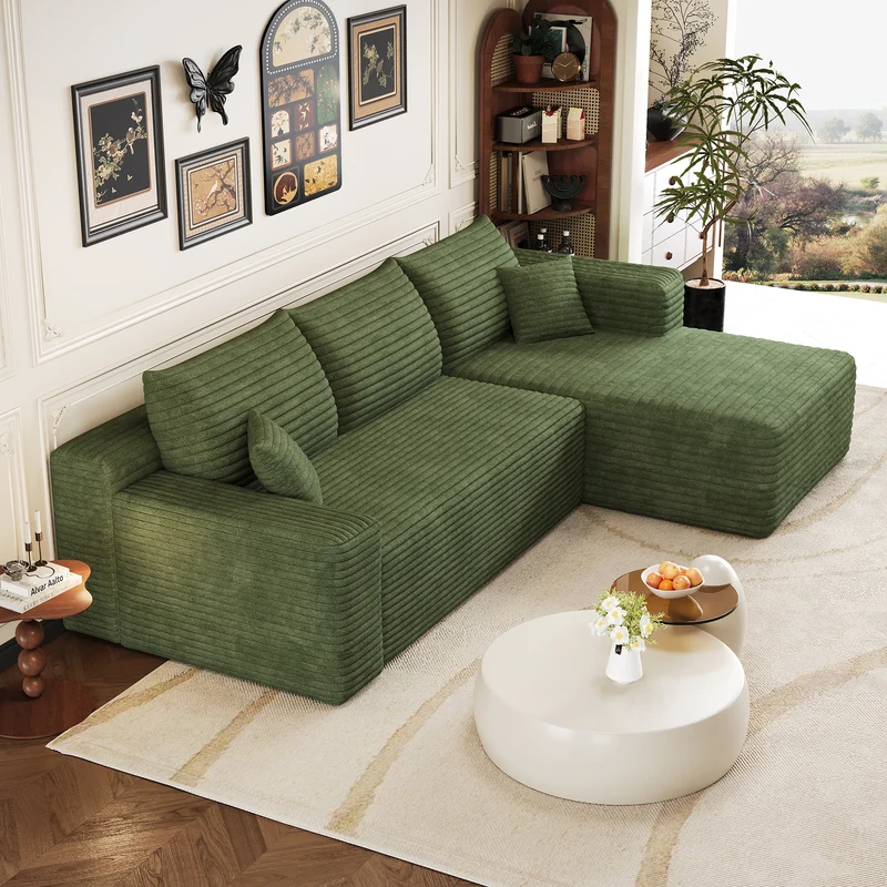 Canapé d'angle 3 places en velours côtelé vert assise profonde sans montage 241x151x58cm MODERNONE