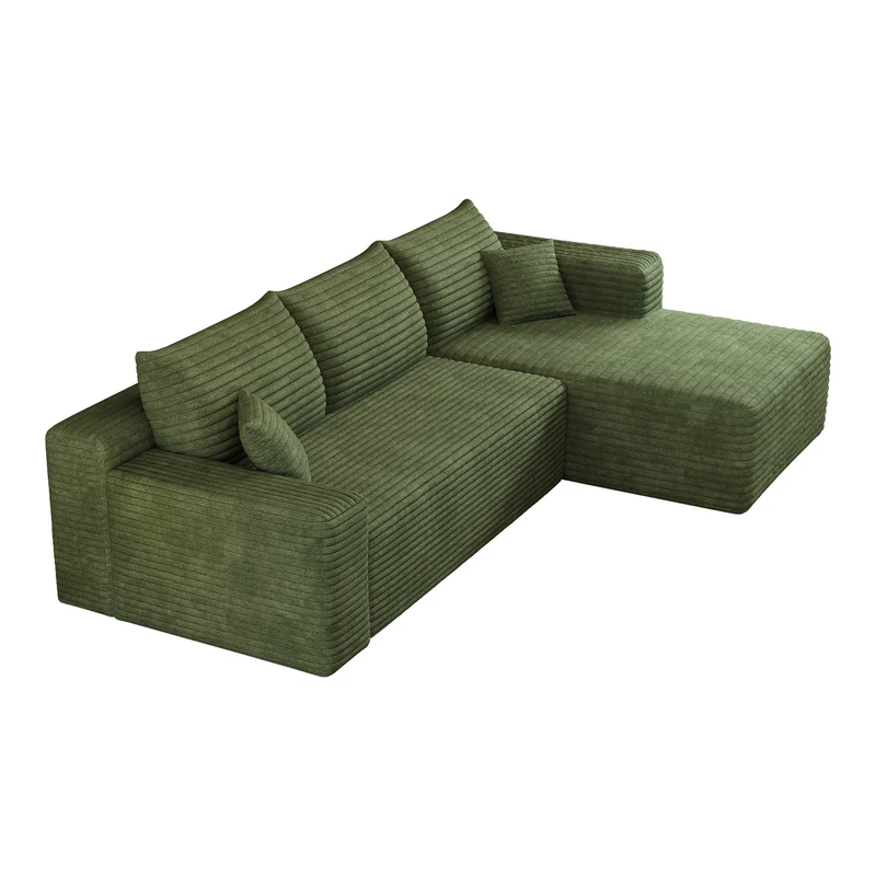 Canapé d'angle 3 places en velours côtelé vert assise profonde sans montage 241x151x58cm MODERNONE