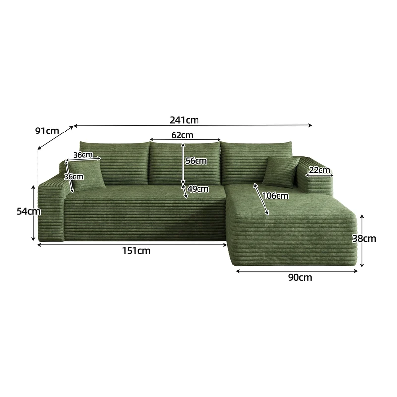 Canapé d'angle 3 places en velours côtelé vert assise profonde sans montage 241x151x58cm MODERNONE