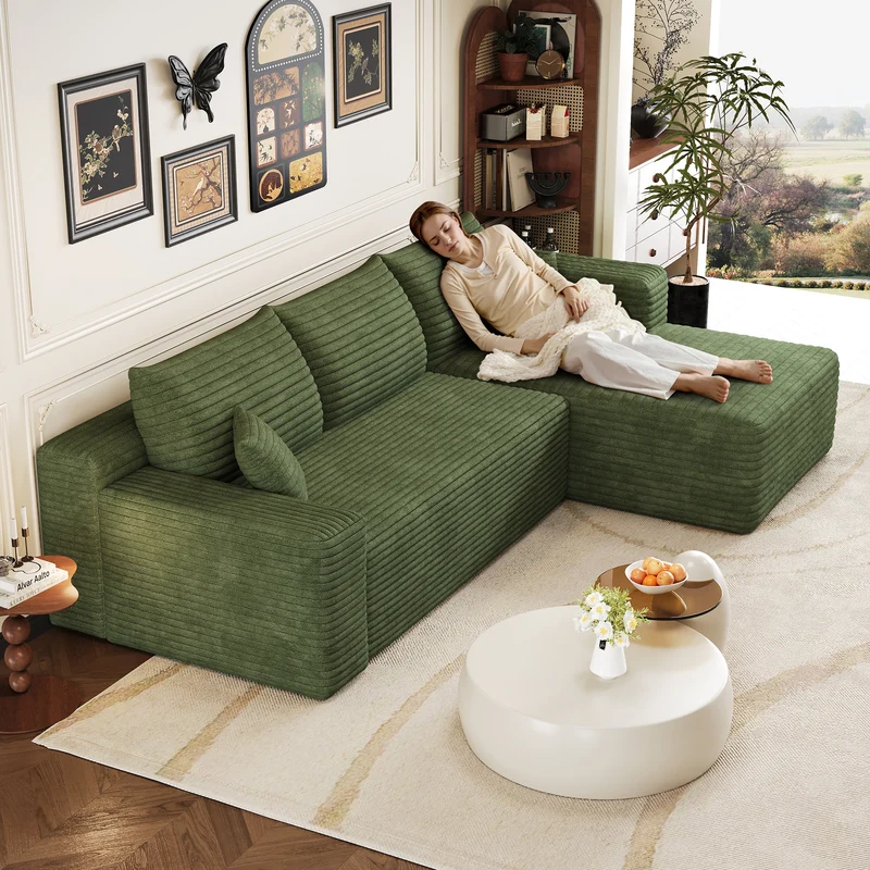 Canapé d'angle 3 places en velours côtelé vert assise profonde sans montage 241x151x58cm MODERNONE