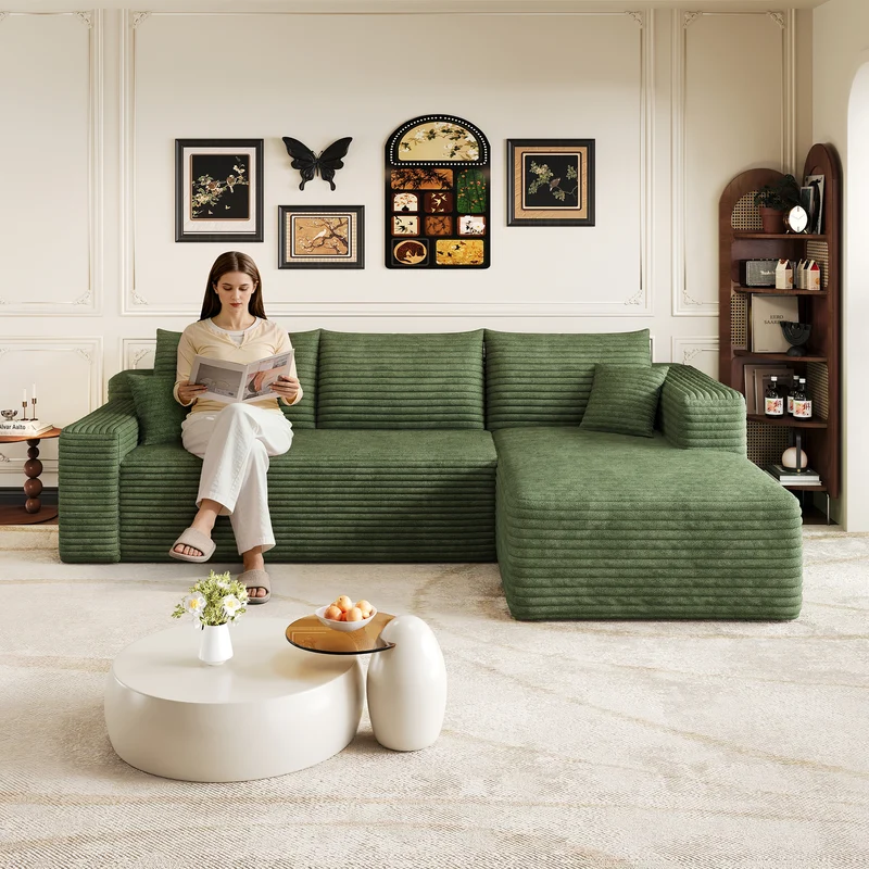Canapé d'angle 3 places en velours côtelé vert assise profonde sans montage 241x151x58cm MODERNONE