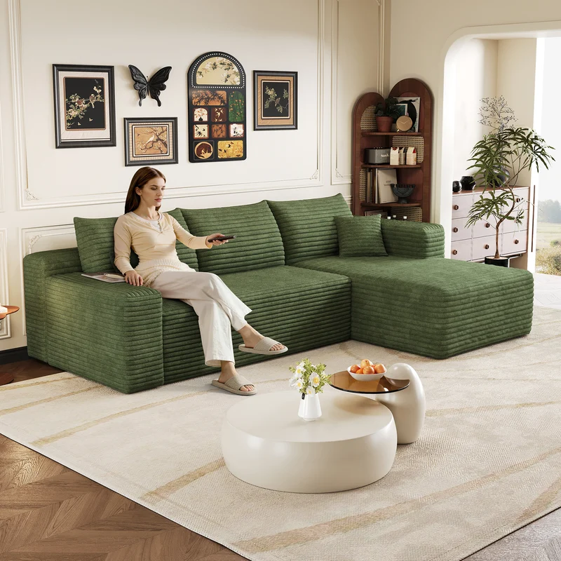 Canapé d'angle 3 places en velours côtelé vert assise profonde sans montage 241x151x58cm MODERNONE