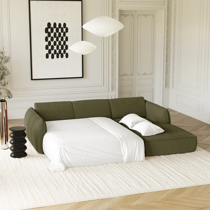 Canapé d'angle droit convertible LIAM tissu bouclette