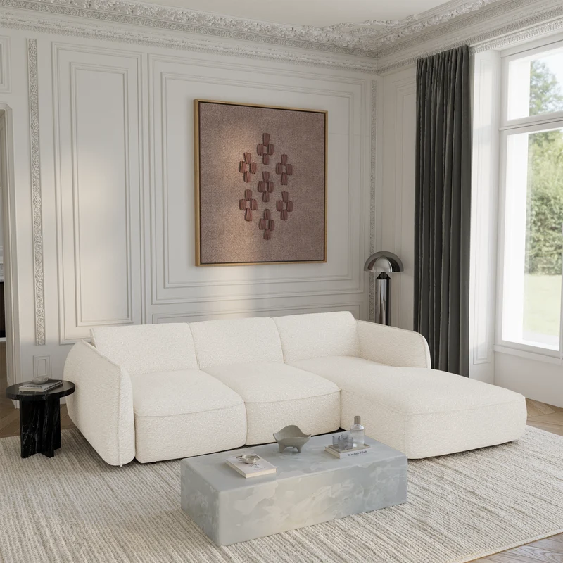 Canapé d'angle droit convertible LIVIA tissu bouclette