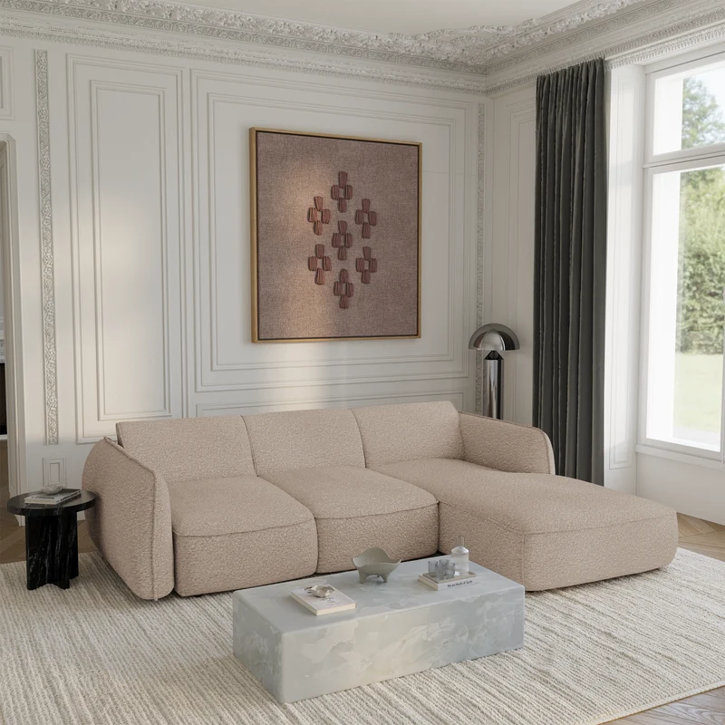 Canapé d'angle droit convertible LIVIA tissu bouclette