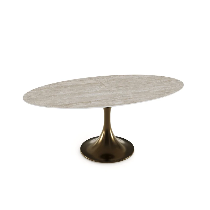 Table à manger NYMPHÉA Aspect travertin pied bronze 180cm