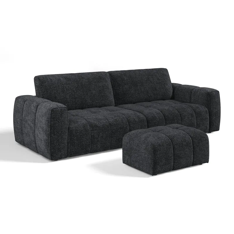 Ensemble canapé 4 places et pouf BARI velours chenillé anthracite foncé