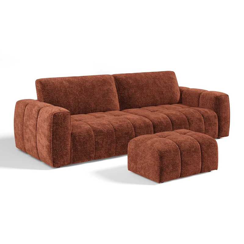 Ensemble canapé 4 places et pouf BARI velours chenillé terracotta