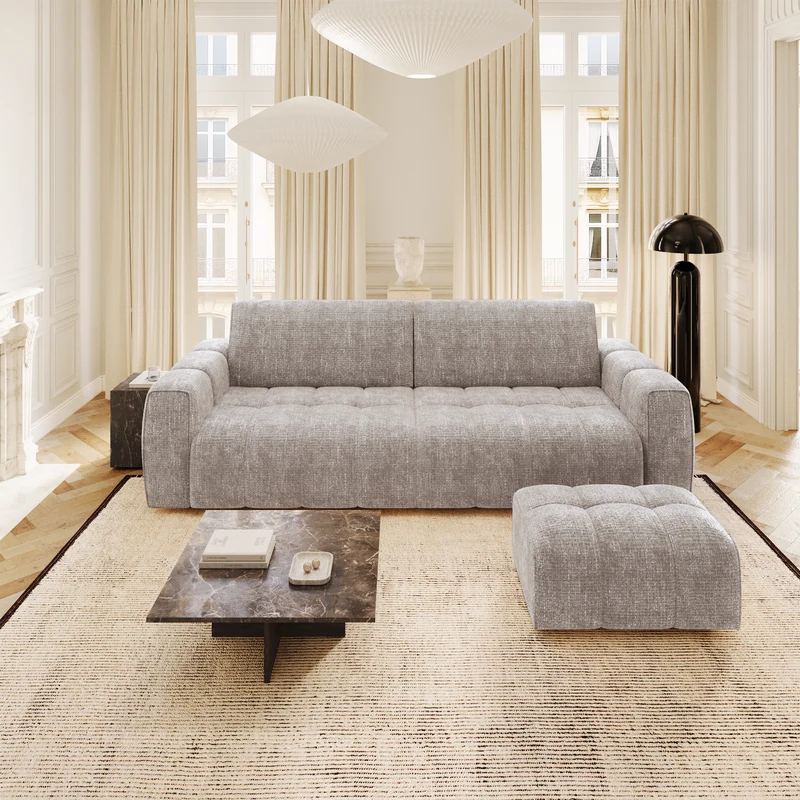 Ensemble canapé 4 places et pouf BARI velours chenillé beige