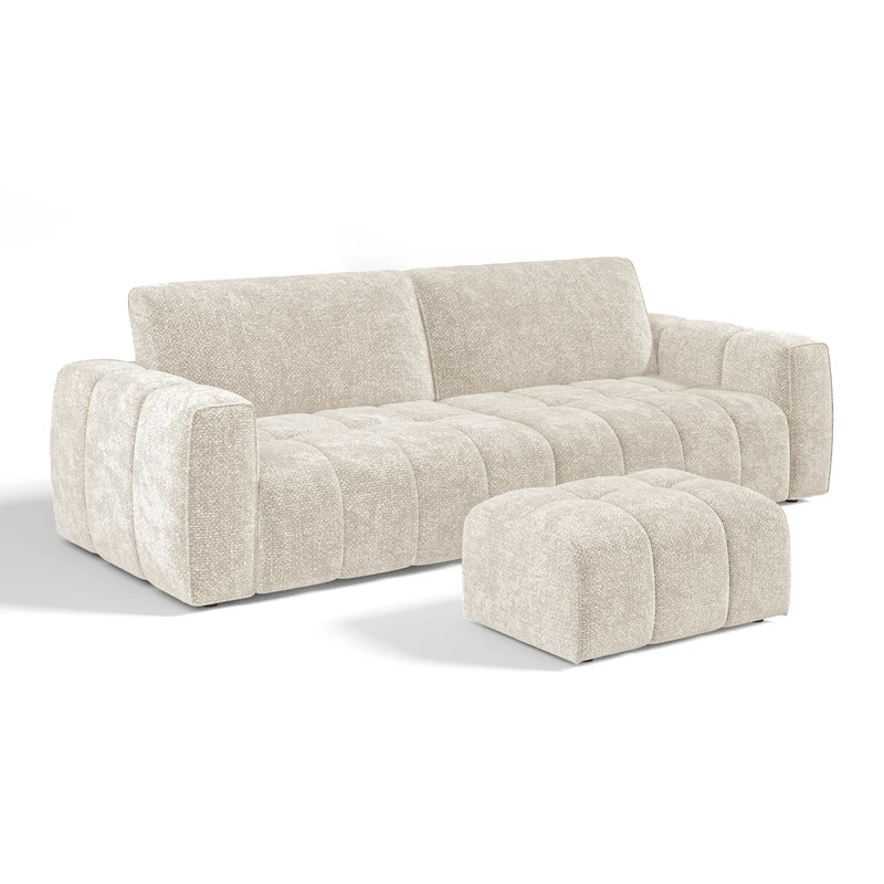 Ensemble canapé 4 places et pouf BARI velours chenillé crème