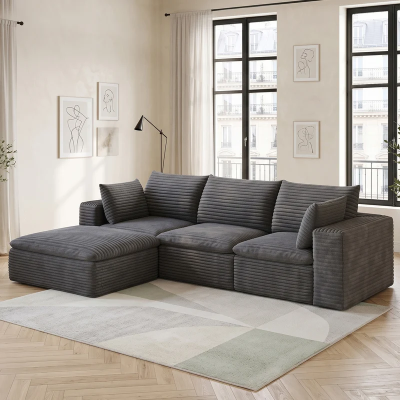 Canapé d'angle modulable 3 places en velours côtelé gris foncé sans montage 260cm MODERNPRIME