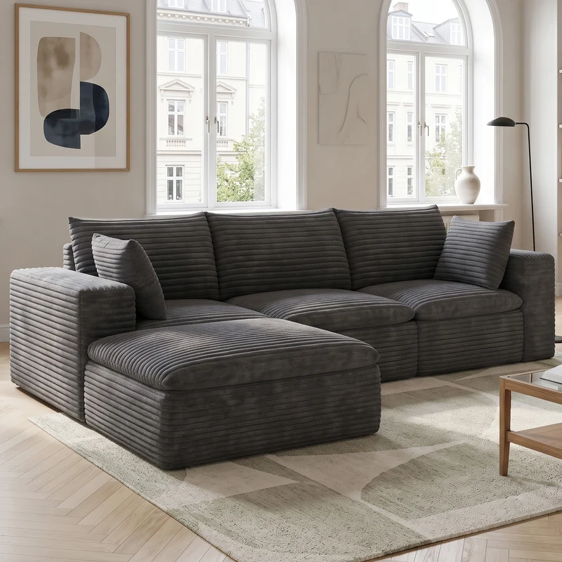 Canapé d'angle modulable 3 places en velours côtelé gris foncé sans montage 260cm MODERNPRIME