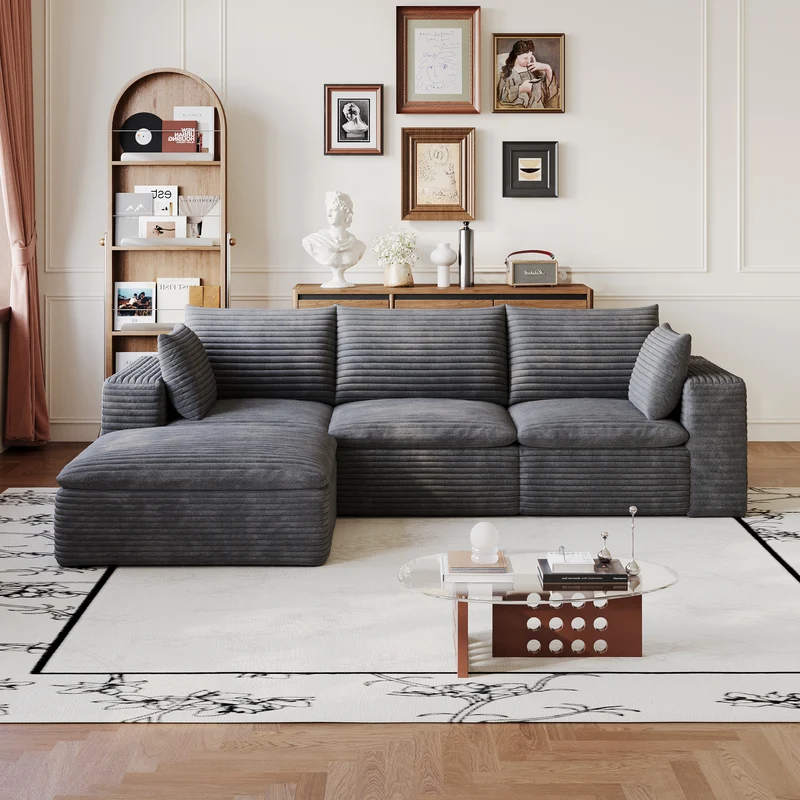 Canapé d'angle modulable 3 places en velours côtelé gris foncé sans montage 260cm MODERNPRIME