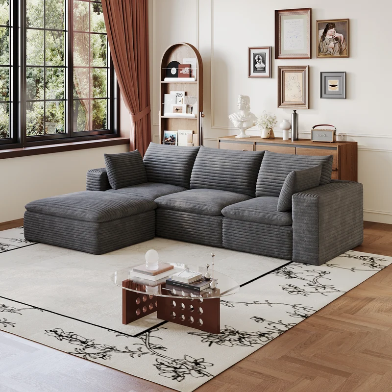 Canapé d'angle modulable 3 places en velours côtelé gris foncé sans montage 260cm MODERNPRIME