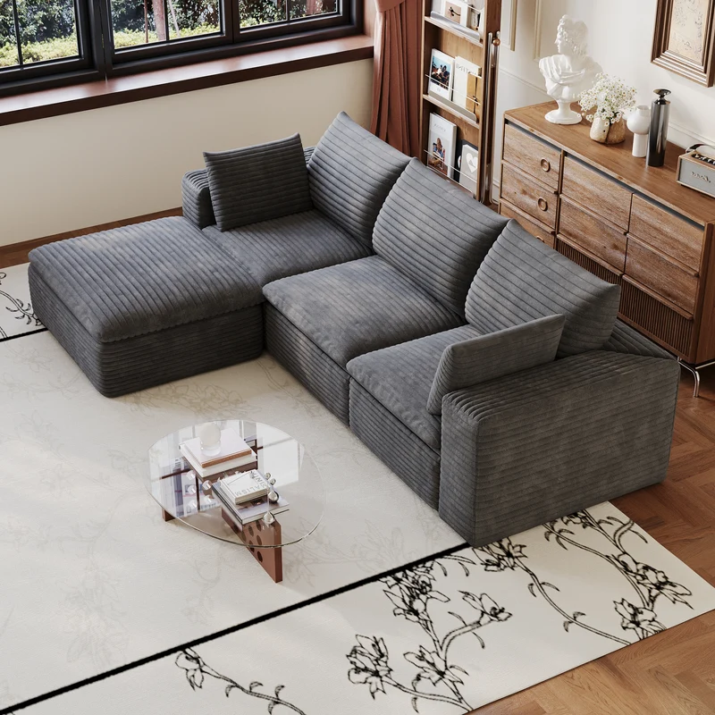 Canapé d'angle modulable 3 places en velours côtelé gris foncé sans montage 260cm MODERNPRIME