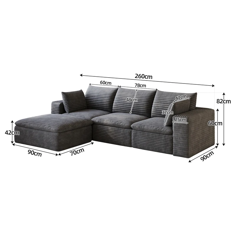 Canapé d'angle modulable 3 places en velours côtelé gris foncé sans montage 260cm MODERNPRIME