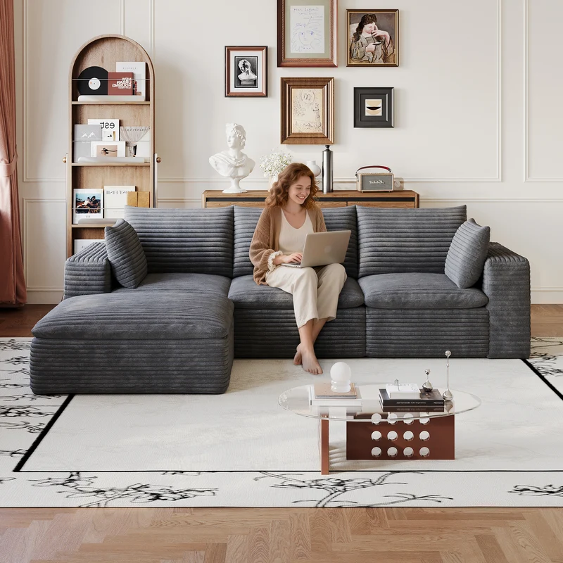 Canapé d'angle modulable 3 places en velours côtelé gris foncé sans montage 260cm MODERNPRIME