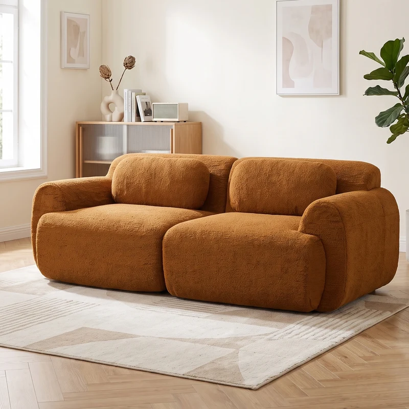 Canapé 2 places modulable en velours côtelé caramel et accoudoirs courbés, sans montage 189x91cm MODERNPLUS