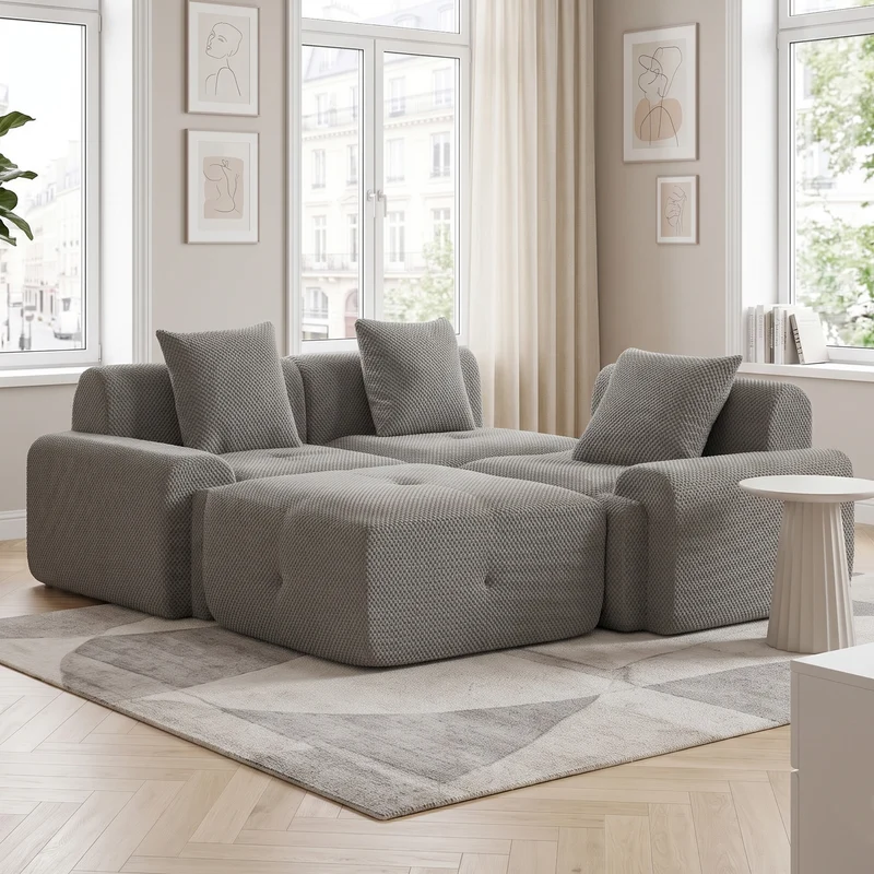 Canapé d'angle modulable 3 places en chenille gris sans montage MODERNFLOOR