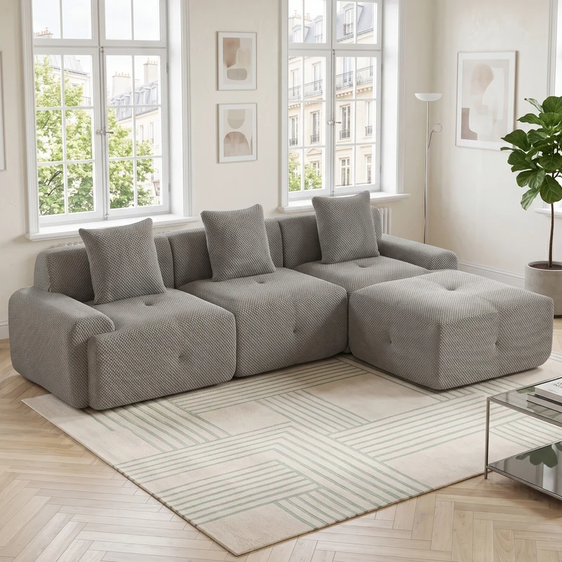 Canapé d'angle modulable 3 places en chenille gris sans montage MODERNFLOOR
