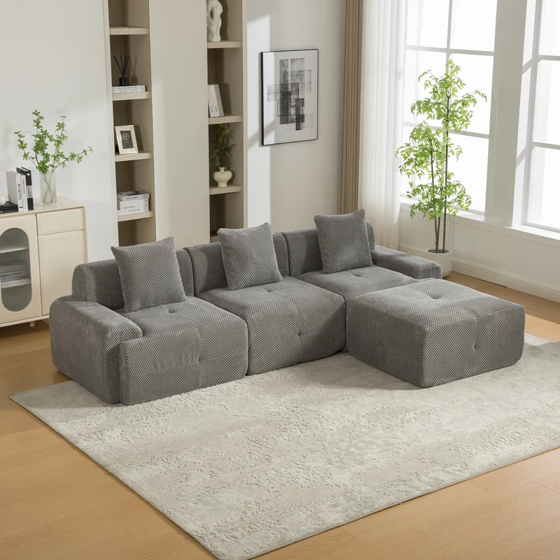 Canapé d'angle modulable 3 places en chenille gris sans montage MODERNFLOOR