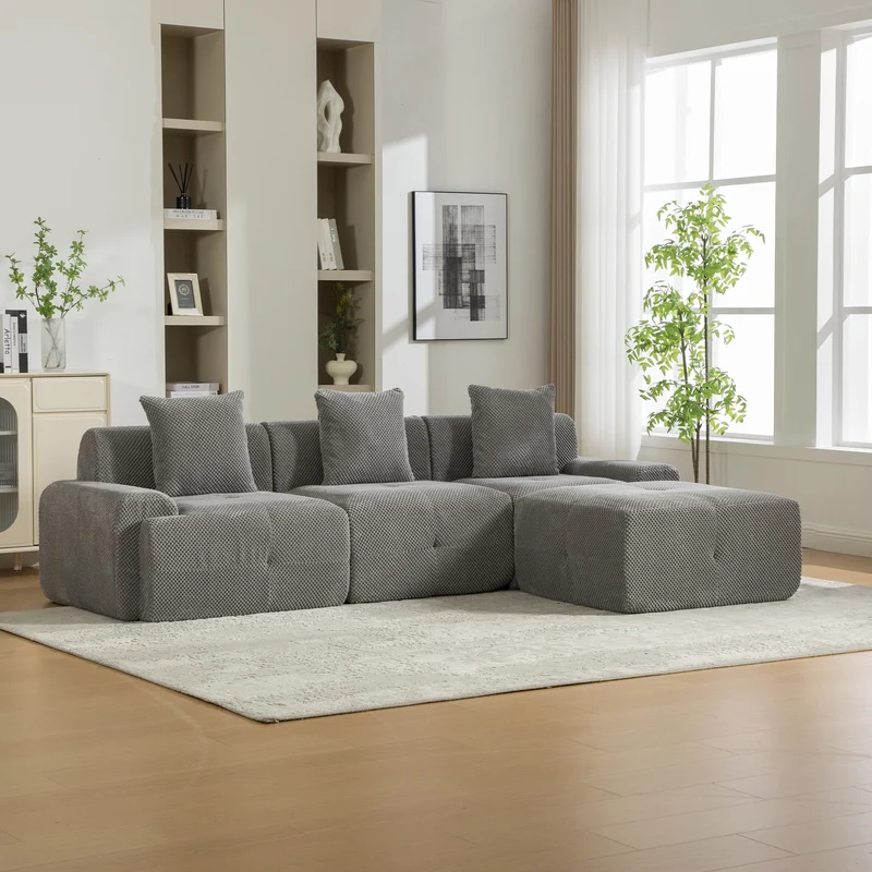 Canapé d'angle modulable 3 places en chenille gris sans montage MODERNFLOOR