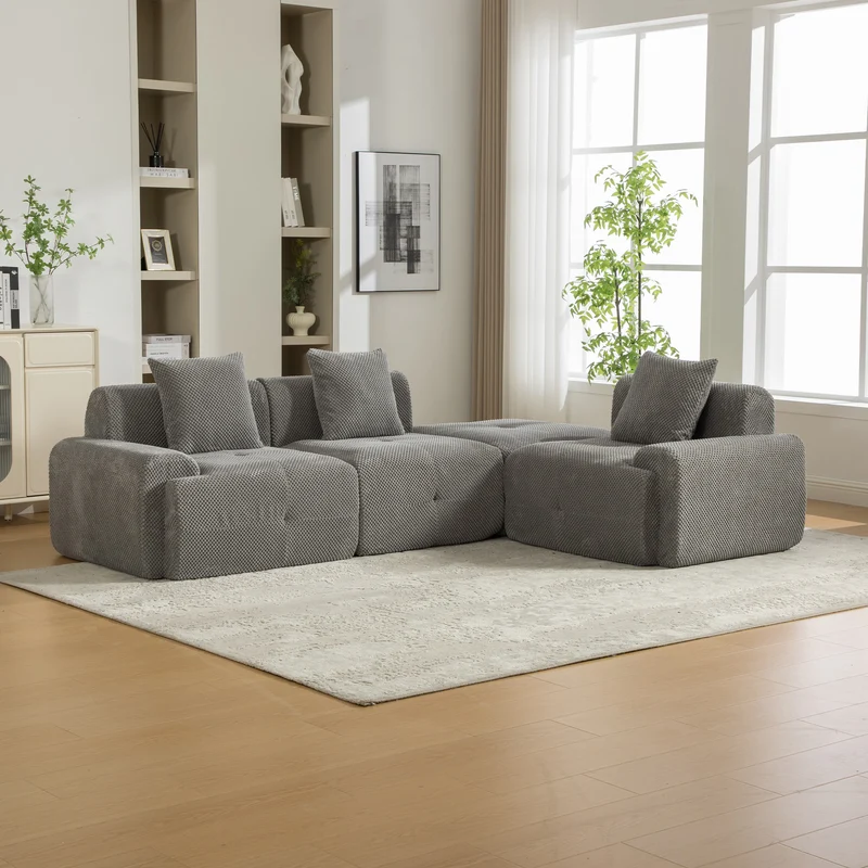Canapé d'angle modulable 3 places en chenille gris sans montage MODERNFLOOR