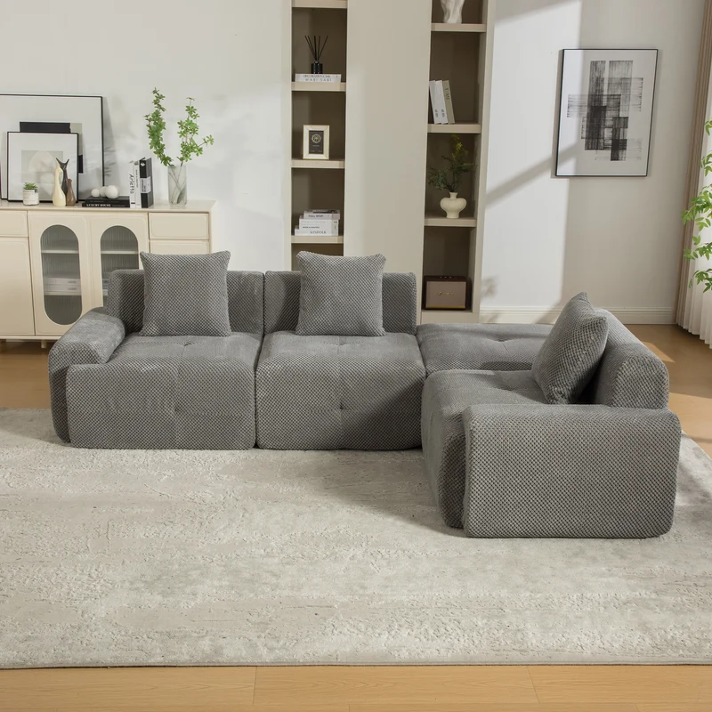Canapé d'angle modulable 3 places en chenille gris sans montage MODERNFLOOR