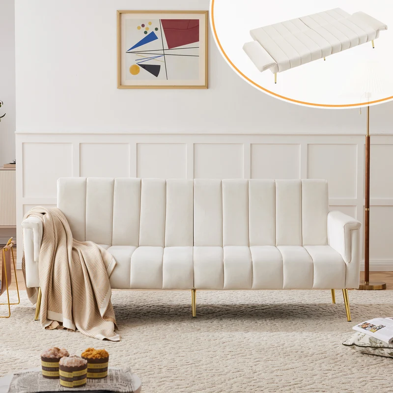 Canapé-lit 3 places convertible en velours beige 5 positions et pieds métal doré 183x76x75cm MODERNSTONEELITE