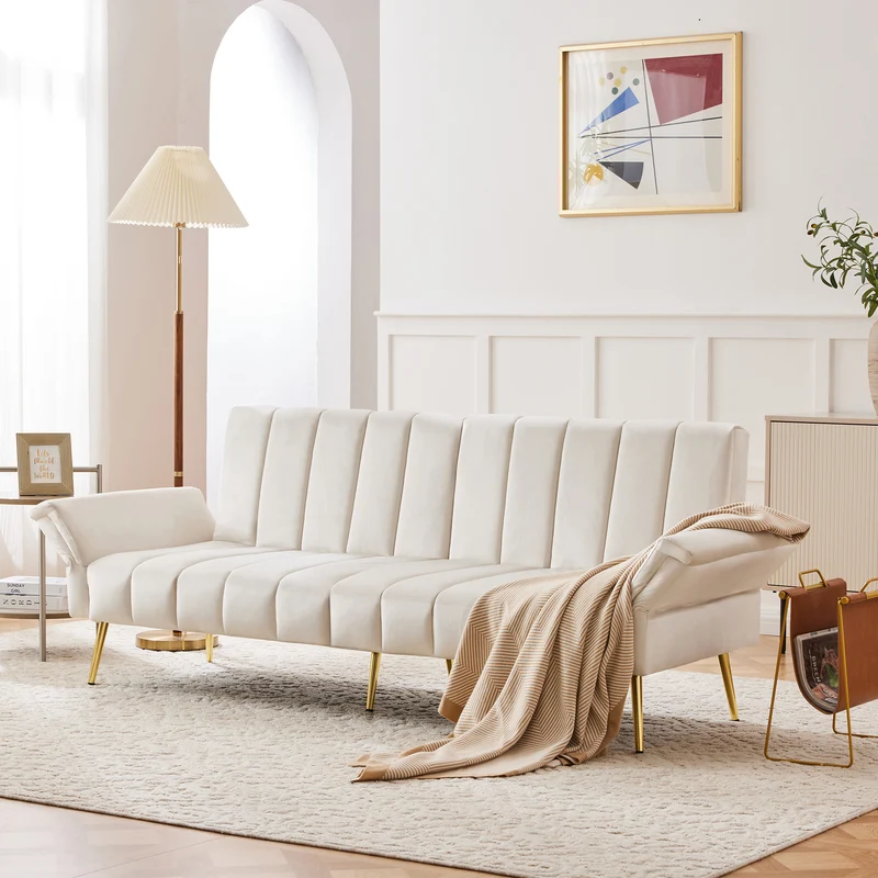 Canapé-lit 3 places convertible en velours beige 5 positions et pieds métal doré 183x76x75cm MODERNSTONEELITE