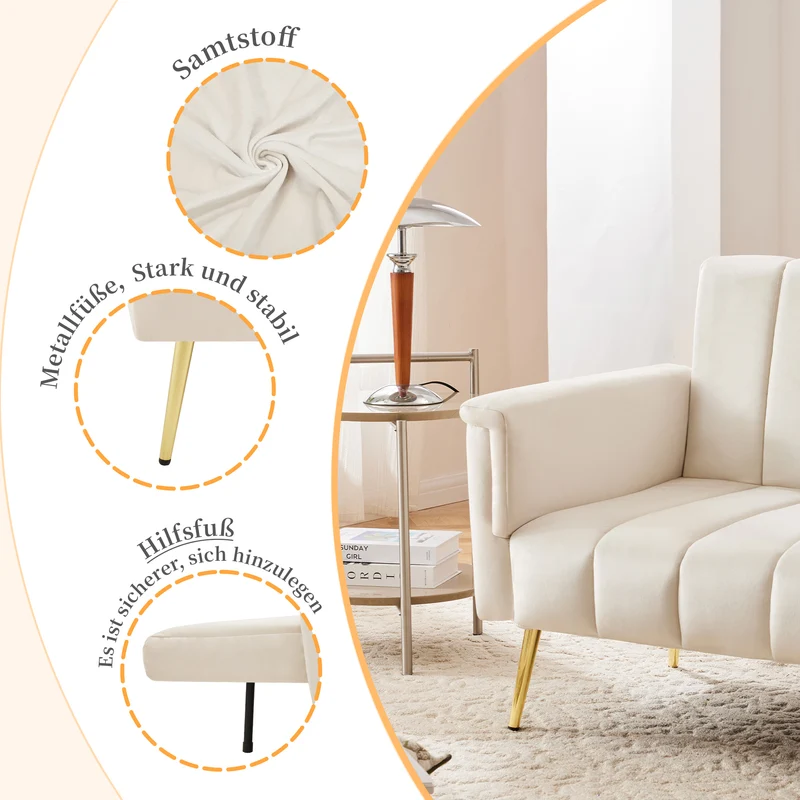 Canapé-lit 3 places convertible en velours beige 5 positions et pieds métal doré 183x76x75cm MODERNSTONEELITE