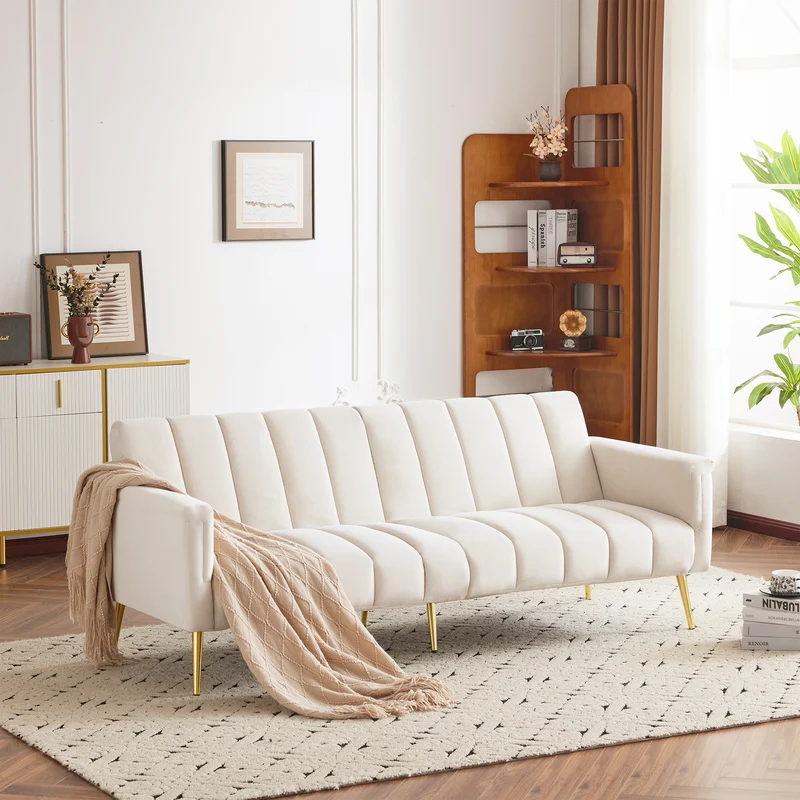 Canapé-lit 3 places convertible en velours beige 5 positions et pieds métal doré 183x76x75cm MODERNSTONEELITE