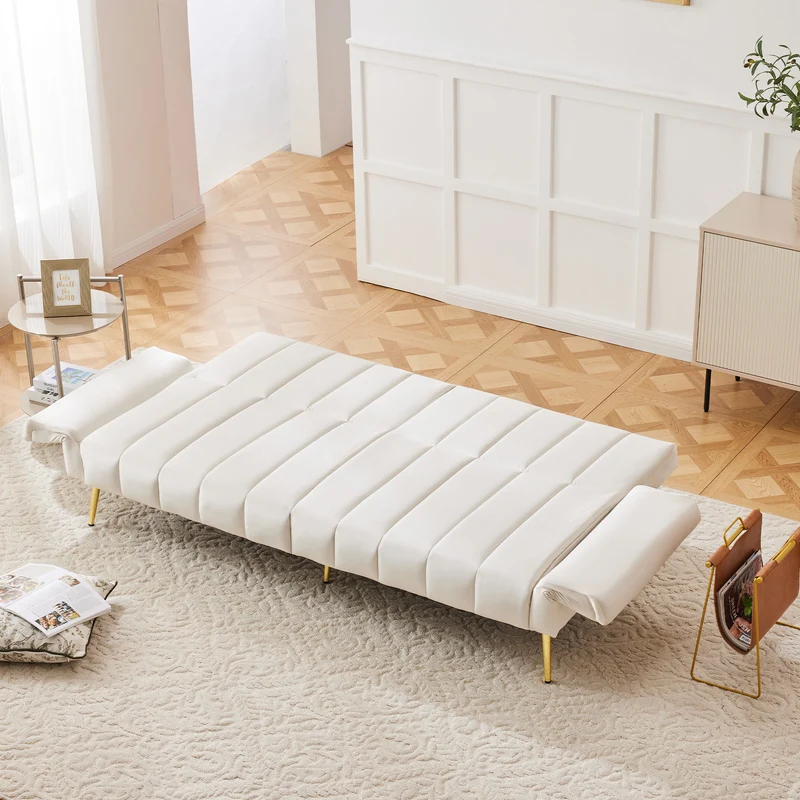Canapé-lit 3 places convertible en velours beige 5 positions et pieds métal doré 183x76x75cm MODERNSTONEELITE