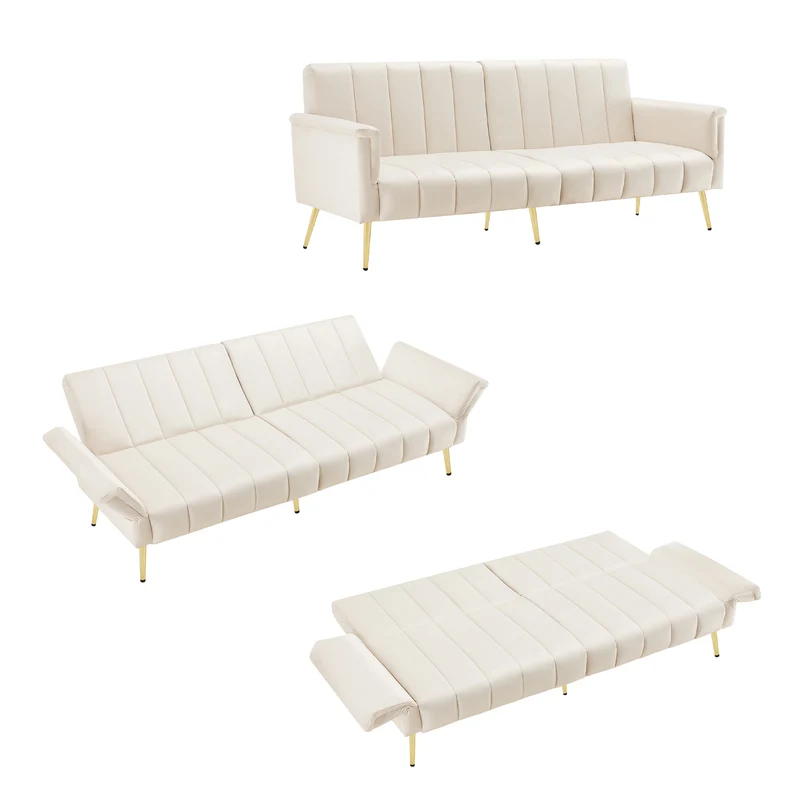 Canapé-lit 3 places convertible en velours beige 5 positions et pieds métal doré 183x76x75cm MODERNSTONEELITE