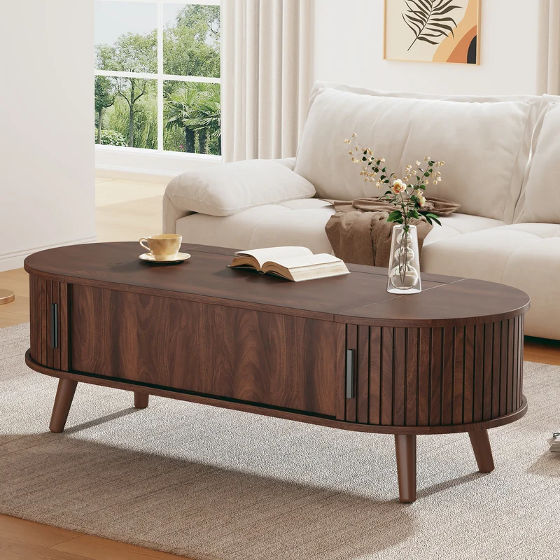 Table basse relevable effet noyer design à lattes 120x50cm MODERNLINE