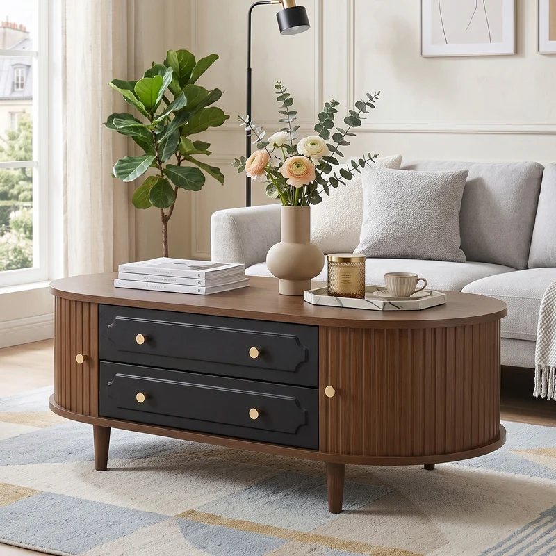 Table basse effet noyer et noir avec tiroirs, style rétro 100x50x36cm MODERNSIDEBOARDART