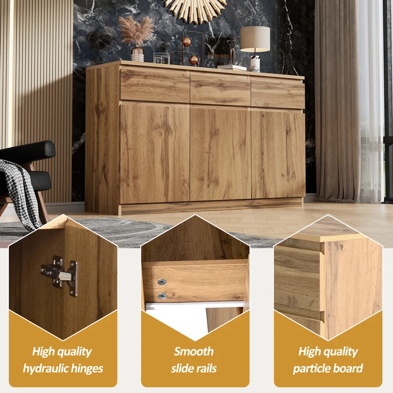 Buffet effet bois naturel 3 portes et 3 tiroirs 135x40x81cm MODERNTABLESET