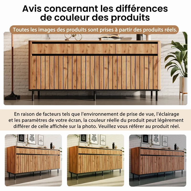 Buffet effet chêne 3 tiroirs et 3 portes cannées 160×40×73cm MODERNCREDENZAHOME