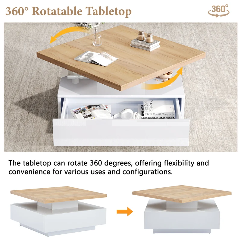 Table basse carrée rotative 360° blanche brillante et effet bois MODERNLAMPSET