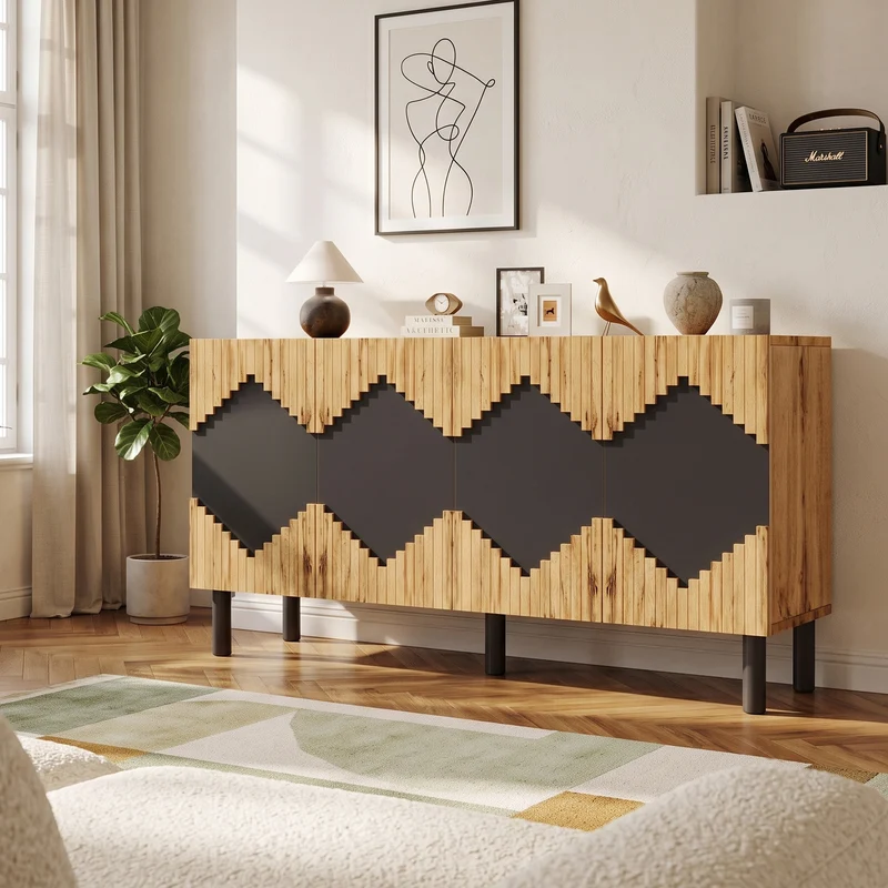 Buffet effet bois et noir motif losange 4 portes 140x40x70cm MODERNCEILINGHOME