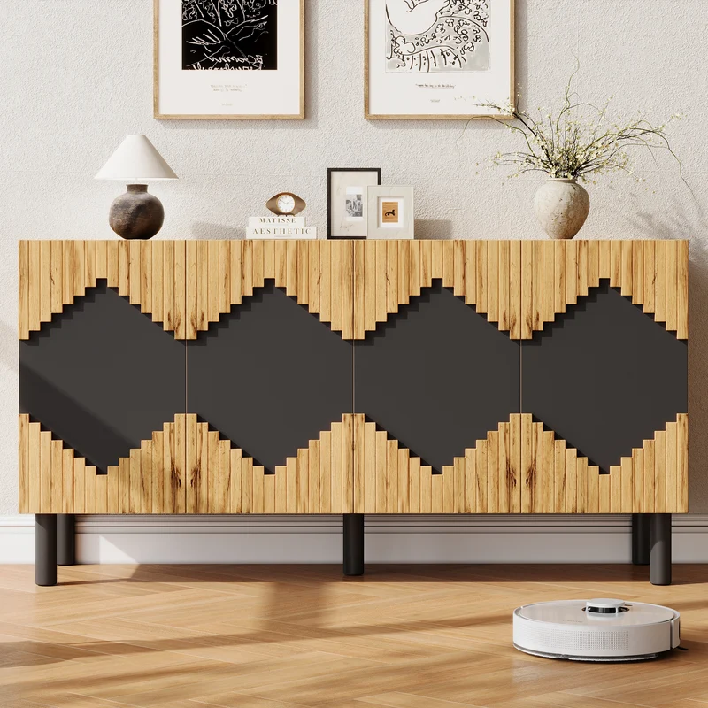 Buffet effet bois et noir motif losange 4 portes 140x40x70cm MODERNCEILINGHOME