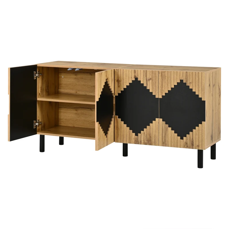 Buffet effet bois et noir motif losange 4 portes 140x40x70cm MODERNCEILINGHOME
