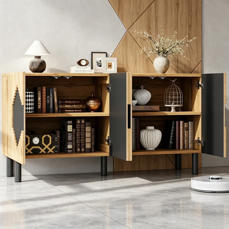Buffet effet bois et noir motif losange 4 portes 140x40x70cm MODERNCEILINGHOME