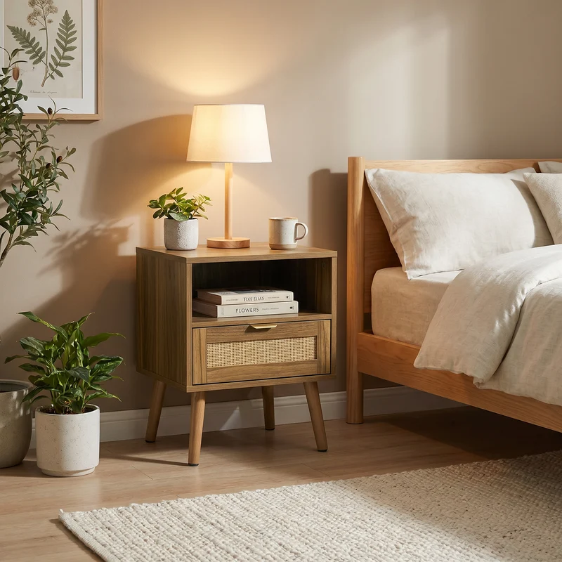 Table de chevet en rotin, style boho, rangement ouvert et tiroir doré 45x40x55cm MODERNCREDENZAART