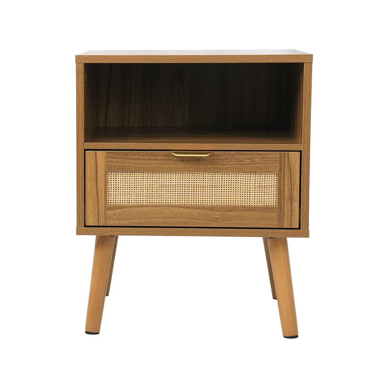 Table de chevet en rotin, style boho, rangement ouvert et tiroir doré 45x40x55cm MODERNCREDENZAART