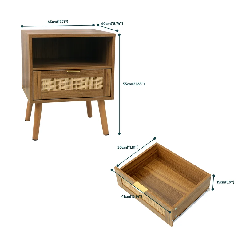Table de chevet en rotin, style boho, rangement ouvert et tiroir doré 45x40x55cm MODERNCREDENZAART
