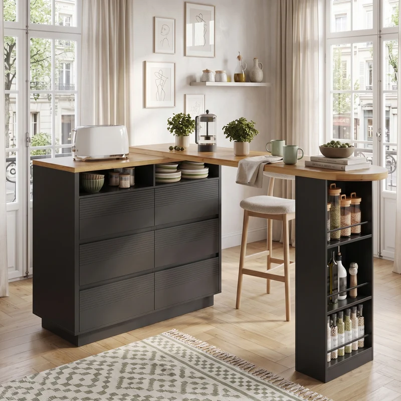 Table de bar extensible noire effet bois, îlot cuisine avec 6 tiroirs et roulettes MODERNSTOOL