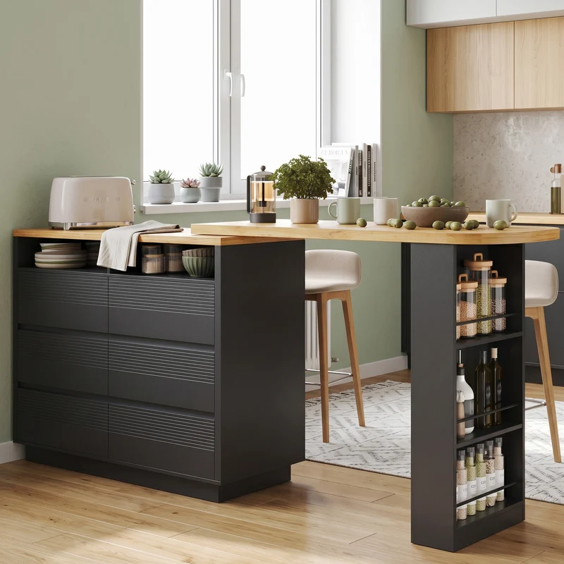 Table de bar extensible noire effet bois, îlot cuisine avec 6 tiroirs et roulettes MODERNSTOOL