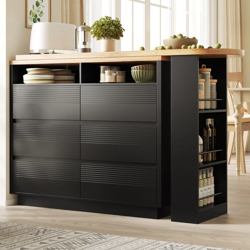 Table de bar extensible noire effet bois, îlot cuisine avec 6 tiroirs et roulettes MODERNSTOOL