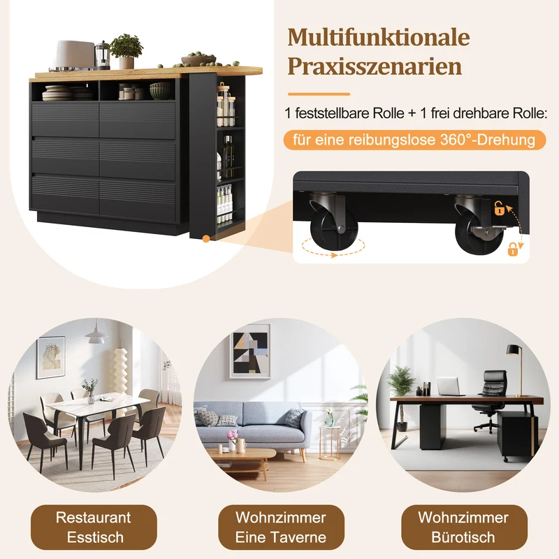 Table de bar extensible noire effet bois, îlot cuisine avec 6 tiroirs et roulettes MODERNSTOOL